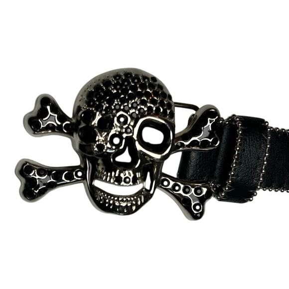 Pirate Belt Silver Rhinestone Skull Black Leather Glam Rock Goth Y2K Punk Grunge
